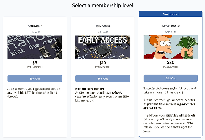 Screenshot of Patreon membership levels